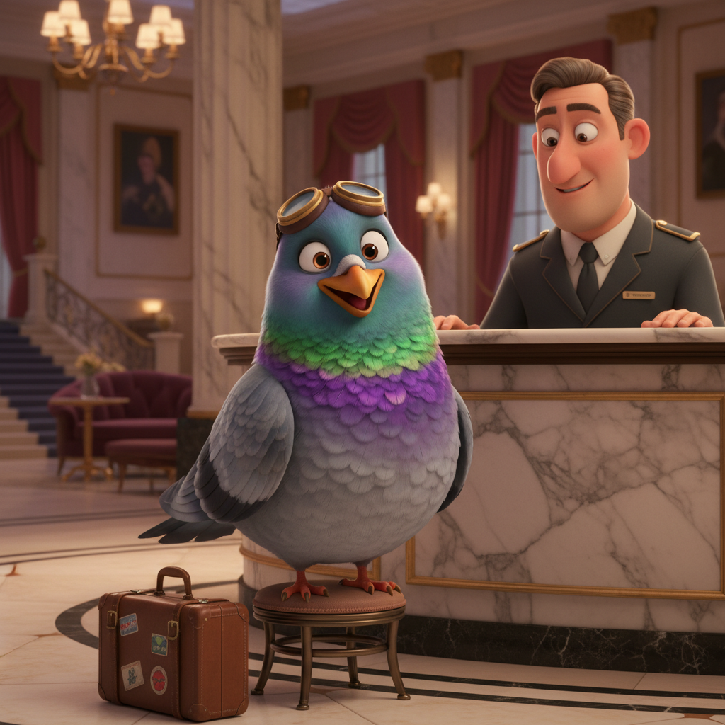 Pidgie checking in at a hotel